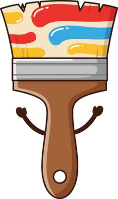 Paintbrush with colorful red blue yellow paint strokes illustration with happy arms and face