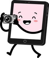 Happy digital tablet character taking photo with camera illustration in black and pink colors vector