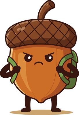 Angry acorn character with brown cap and green leaves holding hands illustration