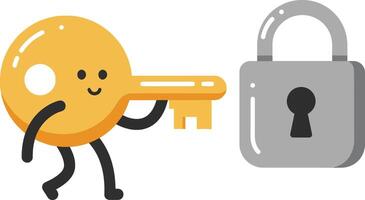 Cute smiling yellow key character holding key near gray padlock security concept illustration vector