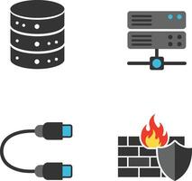 Data storage server network cable and firewall security icons set illustration technology concept vector