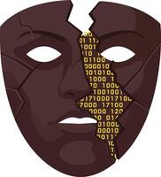 Cracked dark brown mask with binary code digital data theme illustration for technology and identity concept vector