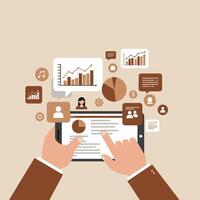 Business analytics data visualization on tablet with hands analyzing charts and social icons illustration vector