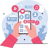 Hands Holding Smartphone with Social Media Icons and Notifications Digital Communication Concept Illustration vector