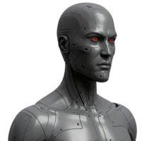 Cut out of a Futuristic cyborg showing artificial intelligence and red eyes with a defiant look png