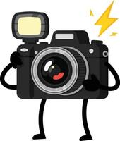 Animated camera with flash and expressive arms and legs illustration in black and grey colors vector