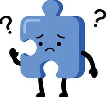 Blue puzzle piece character confused and sad with question marks illustration for concept design vector