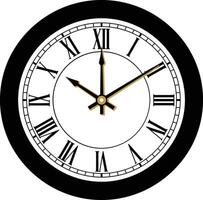 Classic round wall clock with roman numerals and black frame showing time at ten past twelve illustration vector