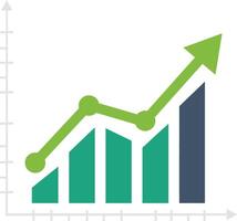 Growth chart with ascending green arrow and bars showing progress and success in business or finance illustration vector