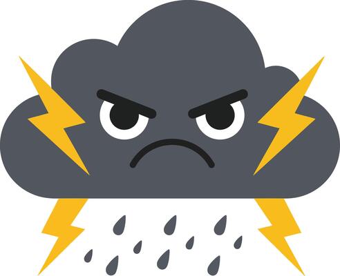 Angry dark grey rain cloud with lightning bolts and raindrops weather storm illustration