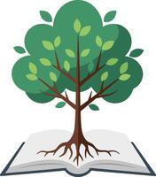 Tree growing from open book symbolizing knowledge and learning growth in education concepts illustration vector