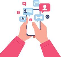 Hands Holding Smartphone with Chat Bubbles Social Media Messaging Illustration in Flat Style vector