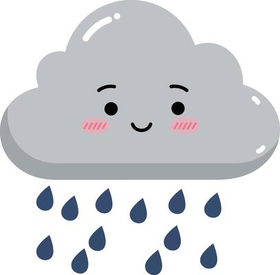 Cute smiling gray rain cloud with falling raindrops illustration in cartoon style