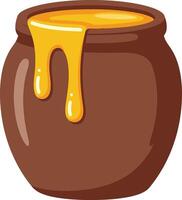 Honey dripping from brown pot illustration with yellow liquid and round container design vector
