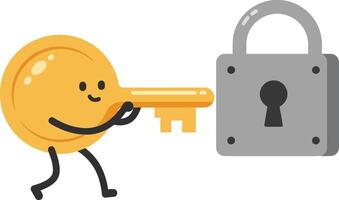 Cute smiling round key character holding golden key unlocking gray padlock concept illustration vector