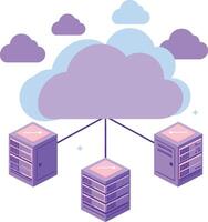 Cloud computing concept with purple clouds and connected servers network illustration vector