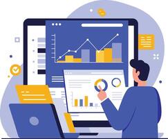 Data analysis and business analytics with charts and graphs on computer screen illustration in blue and yellow colors vector