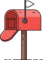 Red mailbox with flag open door standing on wooden post simple illustration vector