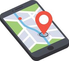 Smartphone with map and red location pin showing navigation route on screen illustration vector