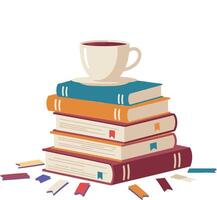 Stack of colorful books with coffee cup on top in cozy reading concept illustration vector