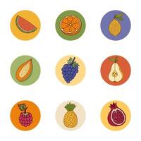 Lovely colored round cover icon with exotic eco fruits and berries doodle for different social media, blogs, branding. Highlight icons for stories with lemon, orange, grape, watermelon, pear, papaya vector