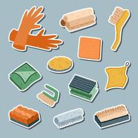 Childish cartoon sticker set with tools for cleansing home for planners, notebooks. Ready for print list of funny colorful clipart with protective rubber gloves, scrub sponge and brushes, rags, cloth. vector