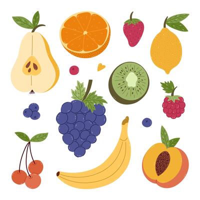 Lovely cartoon set with juicy tasteful fruits and berries. Hand drawn clipart of pear, kiwi, peach, lemon, orange for design, social media, print. Tropical ripe fruit full of vitamins collection.