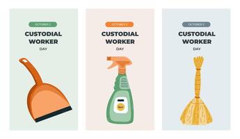 Simple set of vertical stories for Custodial Worker Day with colorful clipart of cleanup supply. Greeting concept banner with dustpan, spray bottle from dirt and stain, broom for social media design. vector