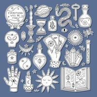 Lovely outline esoteric and magic sticker set for planners, notebooks. Ready for print list of cute stickers with wizard potion, spell book, ball of fortuneteller, astrology and occult doodle. vector