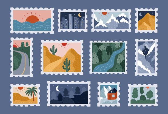 Lovely cartoon set of retro postage stamp with picturesque scenery of seascape, desert, mountains, woods, highway, cloudscape, skyscraper. Hand drawn mail post card stickers with peaceful picture.