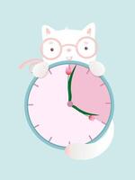 Spring time. Cute white kitty with clock and flower clock hands. Spring sticker or banner vector