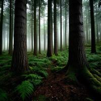 Mysterious foggy forest with ferns and large trees growing photo