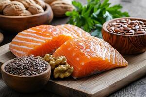 Selection of foods rich in omega 3 fatty acids on a wooden cutting board photo