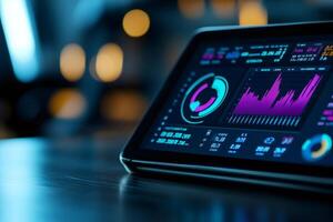 Tablet showing growing statistics charts on a desk in blurred background office at night photo
