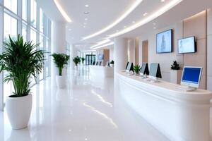 Modern white reception desk in office lobby with plants and computers photo