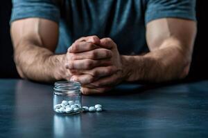 Patient suffering from painkiller addiction is clasping hands in front of pill bottle photo