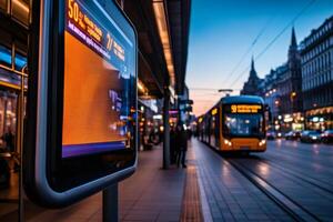 Electronic display showing schedule information at tram stop in prague at dusk photo