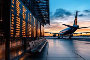 Airplane taxiing on runway at sunset near airport terminal with flight schedule display photo