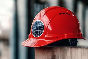 Red helmet symbolizing global construction and engineering projects photo