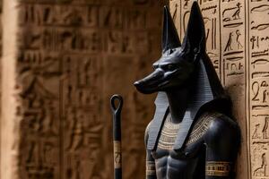 Black statue of anubis holding a staff in ancient egyptian temple photo