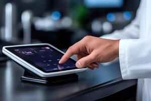 Scientist using touchscreen control panel in laboratory setting photo