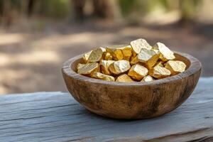Gold nuggets filling wooden bowl on rustic table in nature setting photo