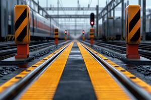 Empty railway tracks converging at a red signal light photo
