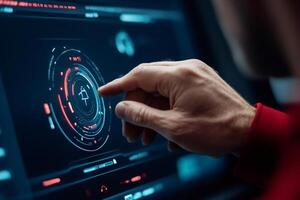 Software engineer working on innovative futuristic computer interface touchscreen display photo
