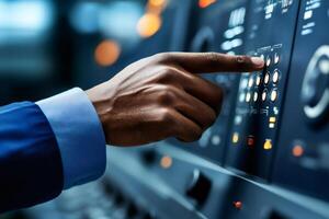 Engineer operating control panel pushing button in industry lab photo