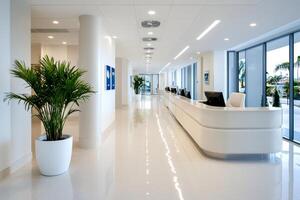 Modern white reception in an office building with large windows showing tropical vegetation photo