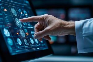 Doctor analyzing brain scans on a futuristic touchscreen in a medical research facility photo