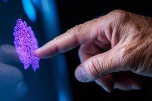 Senior businessman using futuristic digital touchscreen with glowing molecule photo