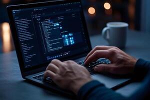 Software developer programming on laptop in dark office at night photo