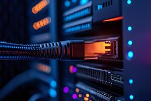 Network cable plugging into server in data center with orange glow photo